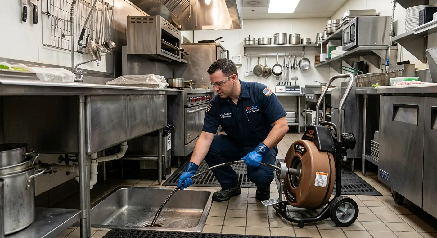 Commercial drain cleaning service in a restaurant kitchen in Wahpeton