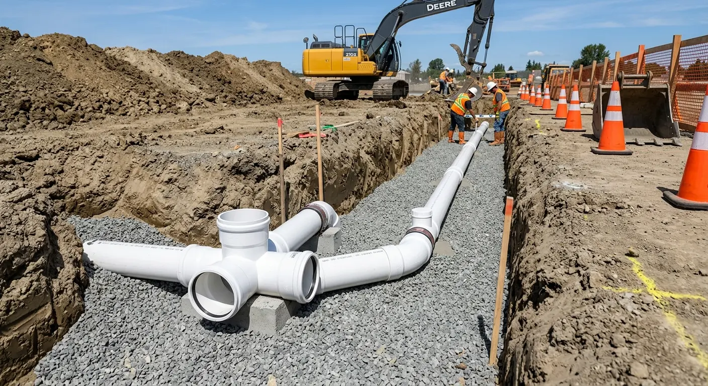 New PVC sewer pipe installation in open trench for Grease Trap Cleaning in Wahpeton