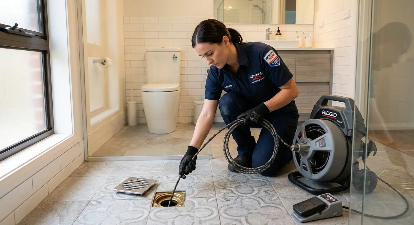 Technician clearing a bathroom floor drain for Clogged Drain Repair in Wahpeton